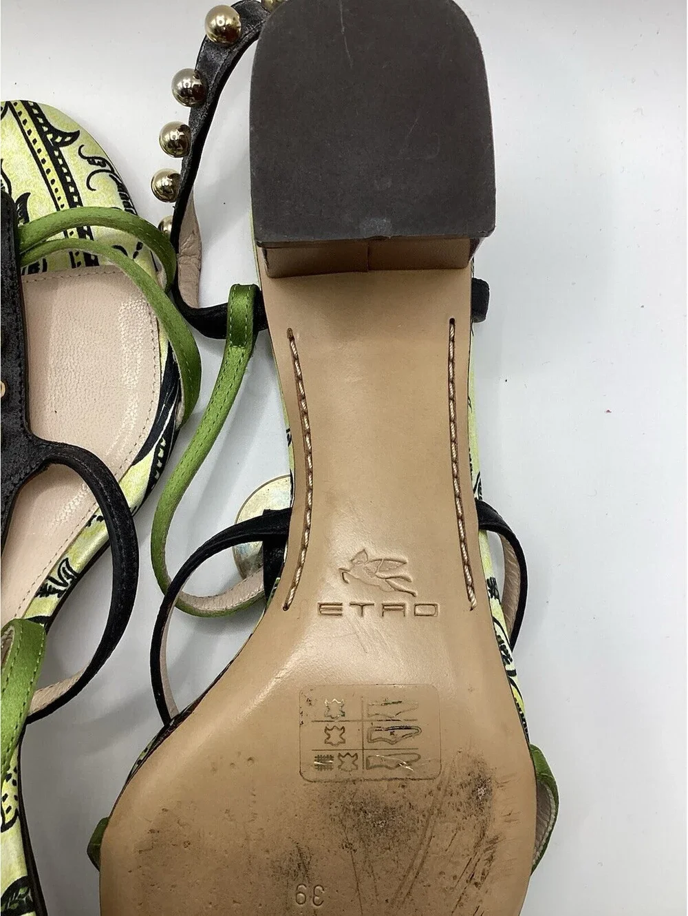 Etro Sandals Size 39 Green Black Studded Paisley Block Heel